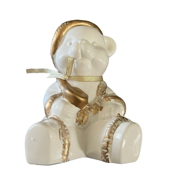 Holiday Teddy Bear Figurine White and Gold Ceramic From JC Penney - Picture 1 of 6